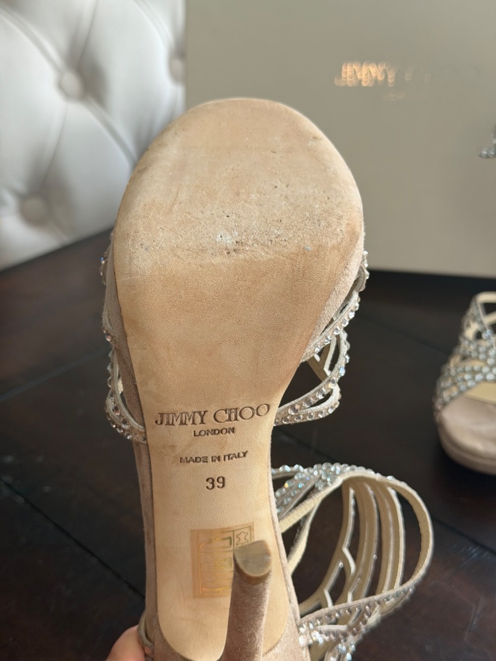 Jimmy Choo Diva Crystal Cage Sandals Sand Suede Heels Size 39 8.5 - Picture 7 of 11